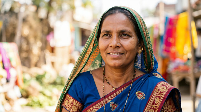 Smiling Indian woman in traditional saree and head covering. Portrait of a resilient mature South Asian widow. International Widows Day concept