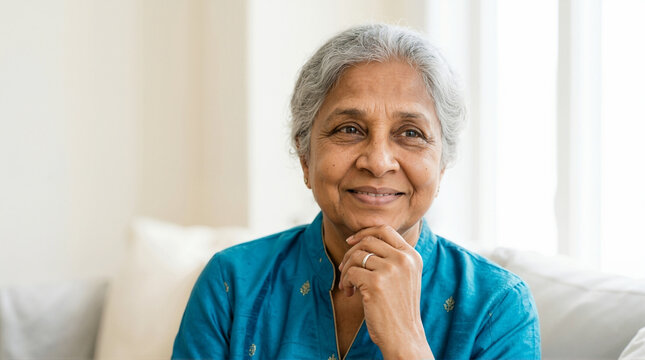 Warmly smiling elderly South Asian woman resting chin on hand. Portrait of a senior Indian widow in teal kurta. International Widows Day concept