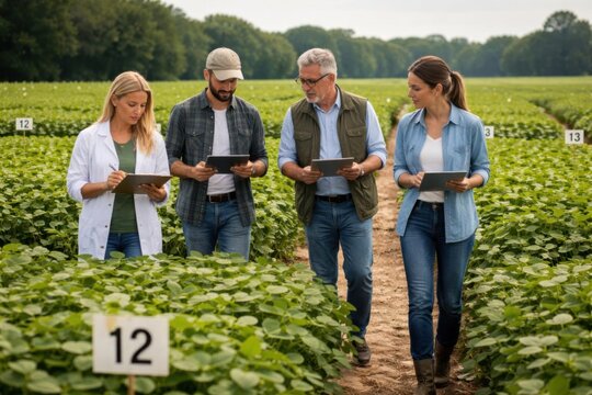 Investigadores recorriendo parcelas de prueba de soja durante un experimento de campo