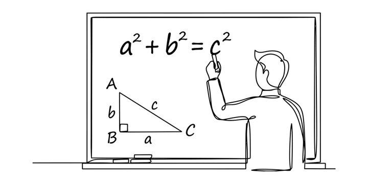 Teacher writing pythagorean theorem a squared plus b squared equals c squared and a right triangle on a blackboard