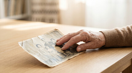Naklejka premium Elderly hand touching a faded family photo on wooden table 