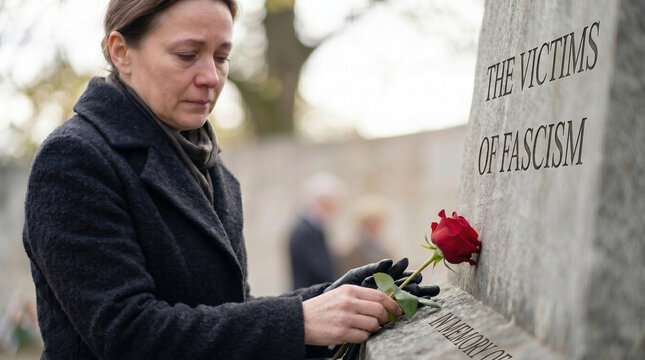 Woman mourning and placing a rose at memorial for Victims of Fascism  