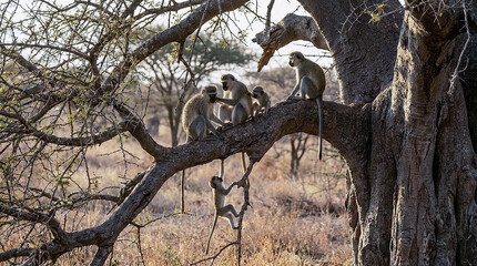 A group of vervet monkeys grooming and playing on a tree branch in the african savanna © oneday