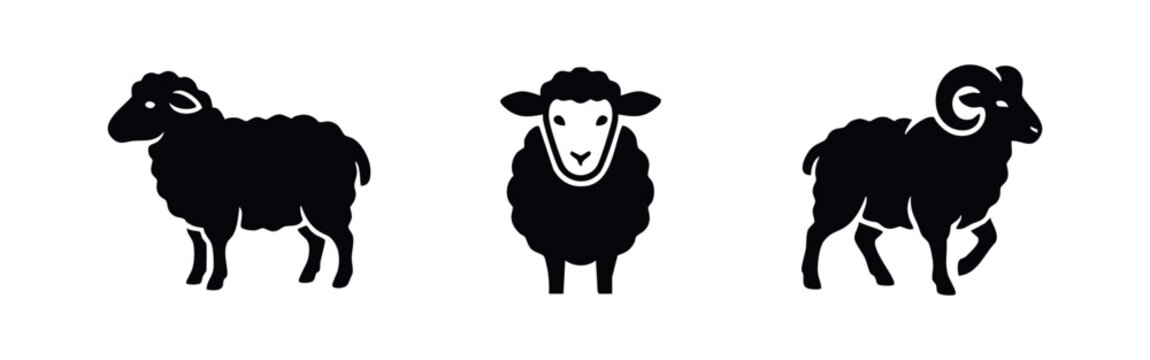 Sheep and Ram Icon Set: Black Silhouettes of Farm Animals for Agriculture and Livestock Themes