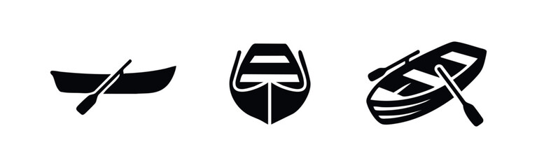 Set of boat icons. Simple rowboat with oars, fishing boat in various views. Black silhouette on white background. © Lili
