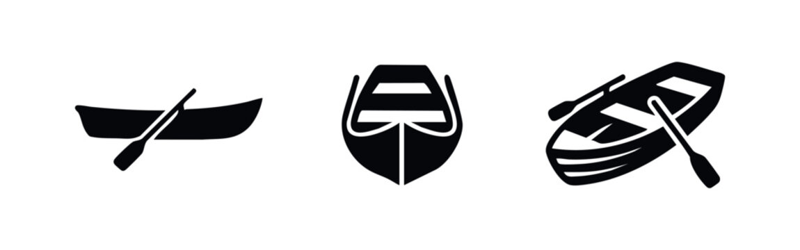 Set of boat icons. Simple rowboat with oars, fishing boat in various views. Black silhouette on white background.