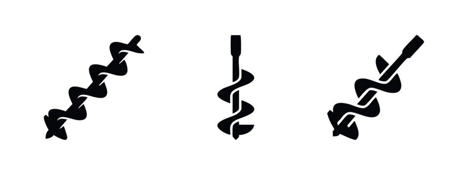 Set of auger drill bit icons. Spiral woodworking or ice fishing auger tools. Black silhouette on white.