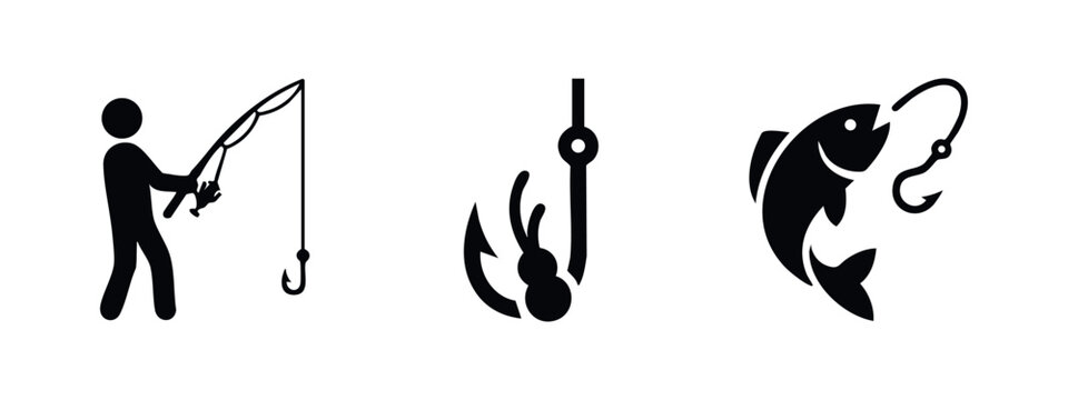 Set of fishing icons. Angler with rod, fishing hook with bait, and fish catching a hook. Black silhouette.