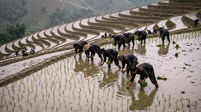 Farmers planting rice seedlings in terraced fields in mu cang chai, vietnam
