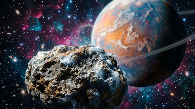 Large textured asteroid floating in deep space. Ringed planet and colorful nebula in the background. Science fiction space exploration concept