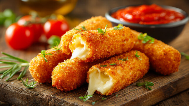 Crispy golden fried cheese sticks garnished with fresh herbs served on a wooden board with a bowl of rich tomato dipping sauce and vine-ripened tomatoes in the backg