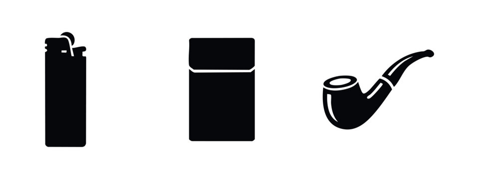 Smoking Accessories Icons. Set of pictograms for a lighter, cigarette pack, and smoking pipe.
