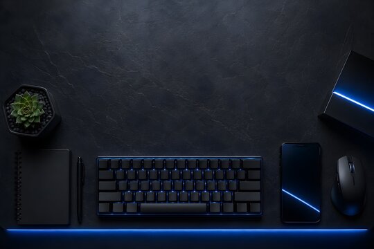 Modern web developer workspace dark flatlay