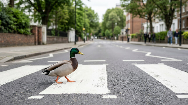 Mallard duck walking across a pedestrian zebra crossing. Drake crossing an asphalt city street in an urban neighborhood