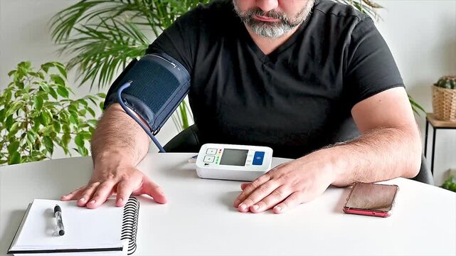 Close-up of a mature man with an arm cuff and digital home blood pressure monitor at a table illustrating hypertension self-monitoring heart health and preventive home healthcare.