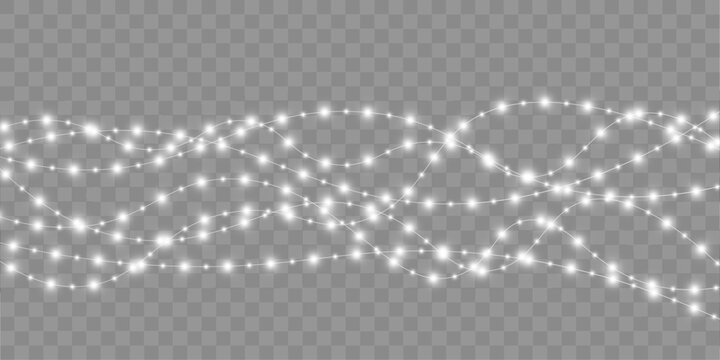 Single white fairy light garland with graceful flowing curve and sparkling luminous bulbs. Elegant festive abstract style. vector