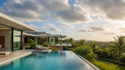 Fototapeta premium Luxury contemporary villa with infinity pool and ocean view.