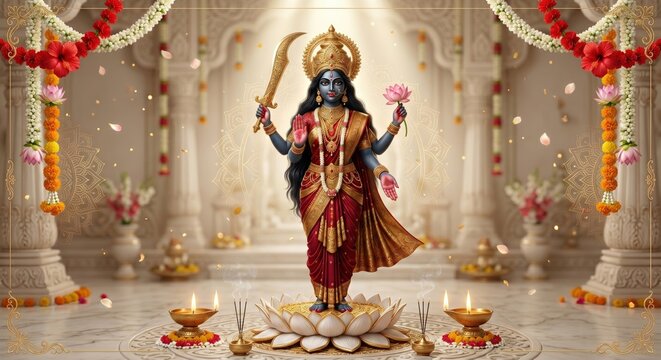 Goddess kali standing on lotus flower in ornate temple with traditional diya lamps and floral decorations for hindu festival worship and spiritual celebration in glowing golden cinematic lighting