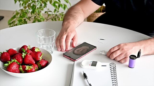 Mature man at a table with a glucometer smartphone blood pressure monitor and a bowl of fresh strawberries illustrating diabetes monitoring healthy lifestyle and home healthcare.