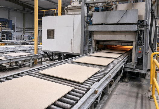 Industrial production line with large ceramic tiles moving along a metal roller conveyor system in a manufacturing plant facility
