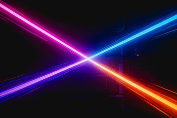 Fototapeta premium Four vibrant neon laser beams cross in a dark futuristic space, creating a high-contrast glowing visual effect.