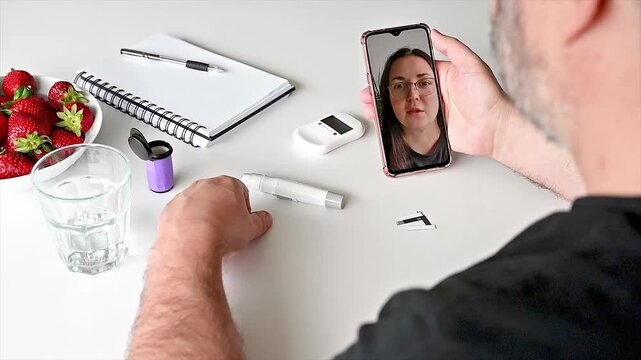 Mature man on a video call with a female doctor at a table with a glucometer thermometer and fresh strawberries illustrating telemedicine diabetes advice and a healthy lifestyle.