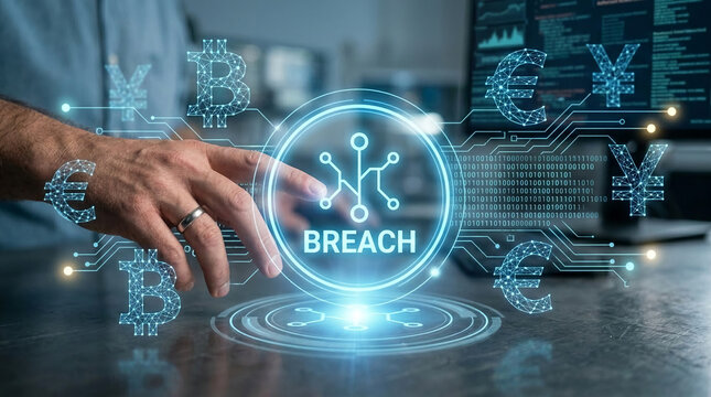 Digital interface displaying financial symbols and binary code with the word "BREACH", symbolizing data security risk and financial threat