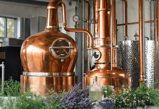 Copper distillation still for essential oil production with fresh lavender and rosemary herbs arranged on a table in a workshop setting