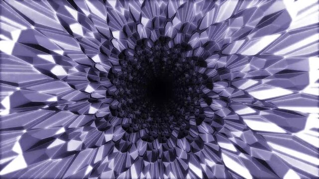 Abstract glowing light reflecting in broken crystal tunnel, rotating crystal shape with dispersion effect on black background. 3D futuristic motion animation in a seamless loop. 4k
