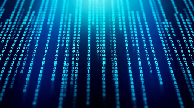 Rows of glowing blue digital code cascade down a dark background, symbolizing data, technology, and cyberspace