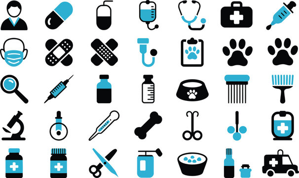 Comprehensive set of forty medical and veterinary icons in black and blue color scheme