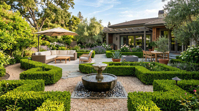 Luxury estate backyard featuring formal parterre garden, patio seating, and water fountain