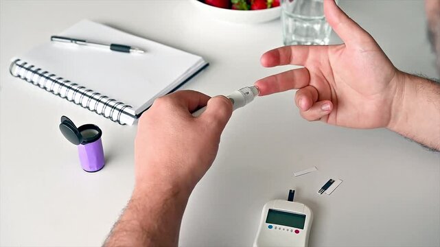 Close-up of a mature man doing a finger-prick blood sugar test with a lancet and glucometer at a table illustrating diabetes self-monitoring and home healthcare.