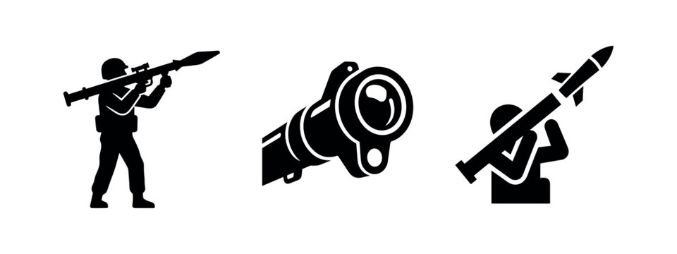 RPG Rocket Launcher and Missile Icons Set. Military Weapon, Combat, and Explosive Device.