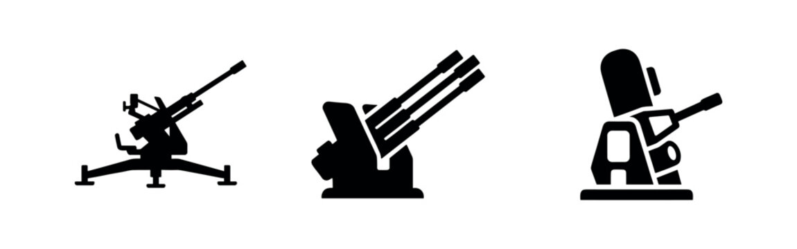 Anti-aircraft gun icons set. Military weapon, anti-air artillery, and air defense system symbols. Vector illustration.