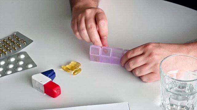 Close-up of hands sorting omega-3 capsules and pills into a weekly pill organizer beside an inhaler and water illustrating medication management adherence and home healthcare routine.