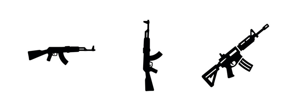 Assault rifle icon set. Military weapon, automatic firearm, and combat gun symbols. Vector illustration.