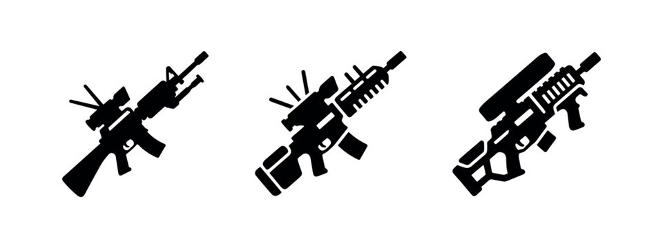 Tactical assault rifle icon set. Modern firearm, military weapon, and scoped gun symbols. Vector illustration.