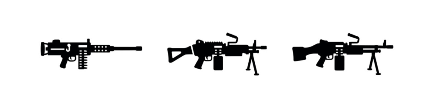 Machine Gun Icon Set. Vector illustrations of military firearms and automatic weapons for combat.