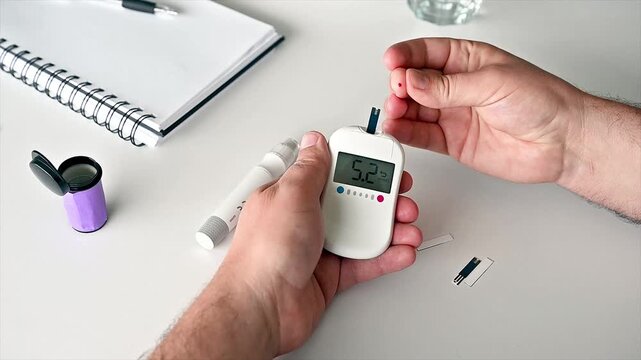 Close-up of a mature man's hand holding a glucometer with a test strip and lancet at a table illustrating diabetes blood sugar self-monitoring and home healthcare.