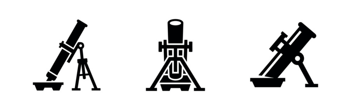 Mortar Weapon Icon Set. Vector illustrations of military artillery for army support and combat.