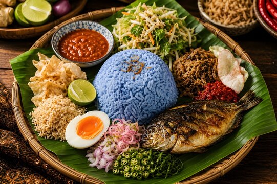 Nasi Kerabu features vibrant blue rice colored with butterfly pea flowers, served with fresh herbs, salted egg, and grilled fish in a traditional heritage meal.