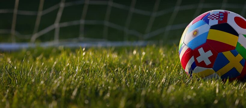 Smooth camera movement of a soccer ball against a blurred goalpost. Against the backdrop of a sunset