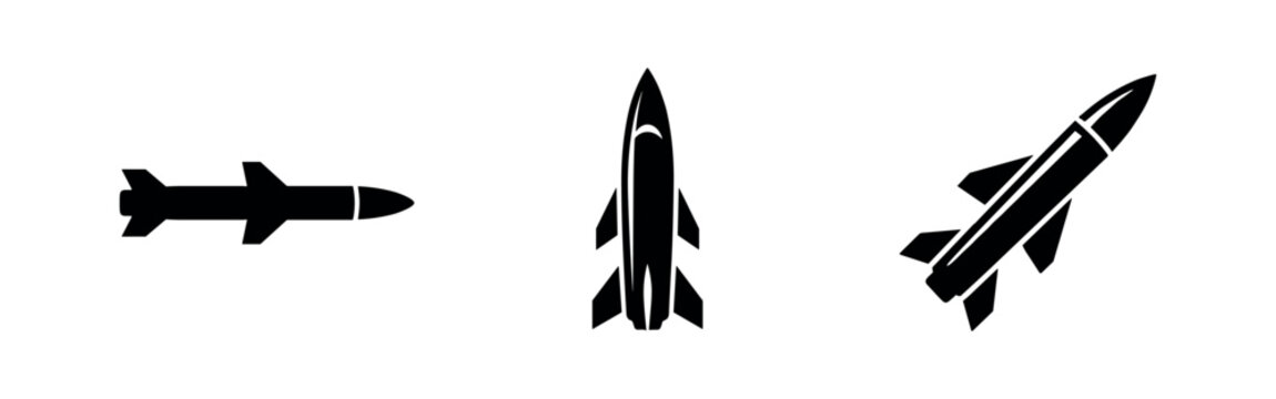 Missile and Rocket Icon Set. Vector illustrations of military weapons for defense and space technology.