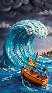 Claymation boat braves giant wave under stormy skies.