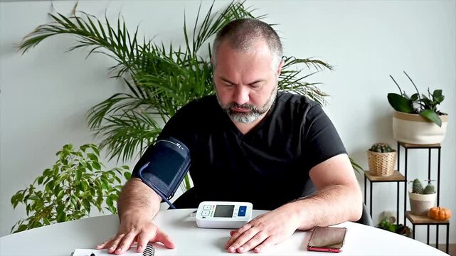 Mature man checks his blood pressure with a digital home monitor and arm cuff at a table beside a smartphone showing hypertension self-monitoring and preventive home healthcare.