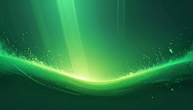 abstract green wave with light rays and glowing particles, digital background