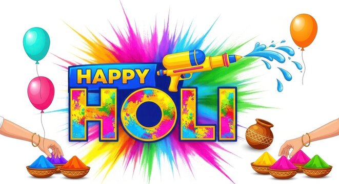 Happy holi celebration with colorful water guns and balloons