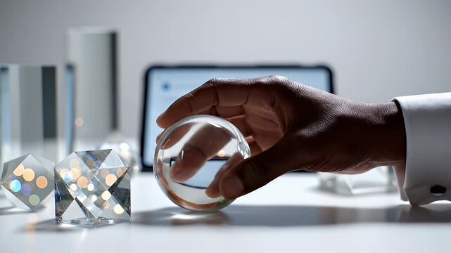 Hand Moving Near Clear Crystal Objects on Bright Modern Desk