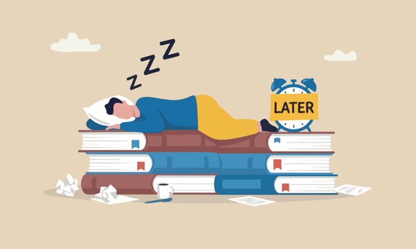 Procrastination tomorrow, unproductive and excuse concept, lazy man sleeping with no clue to wake up with big sticky note written the word later on alarm clock